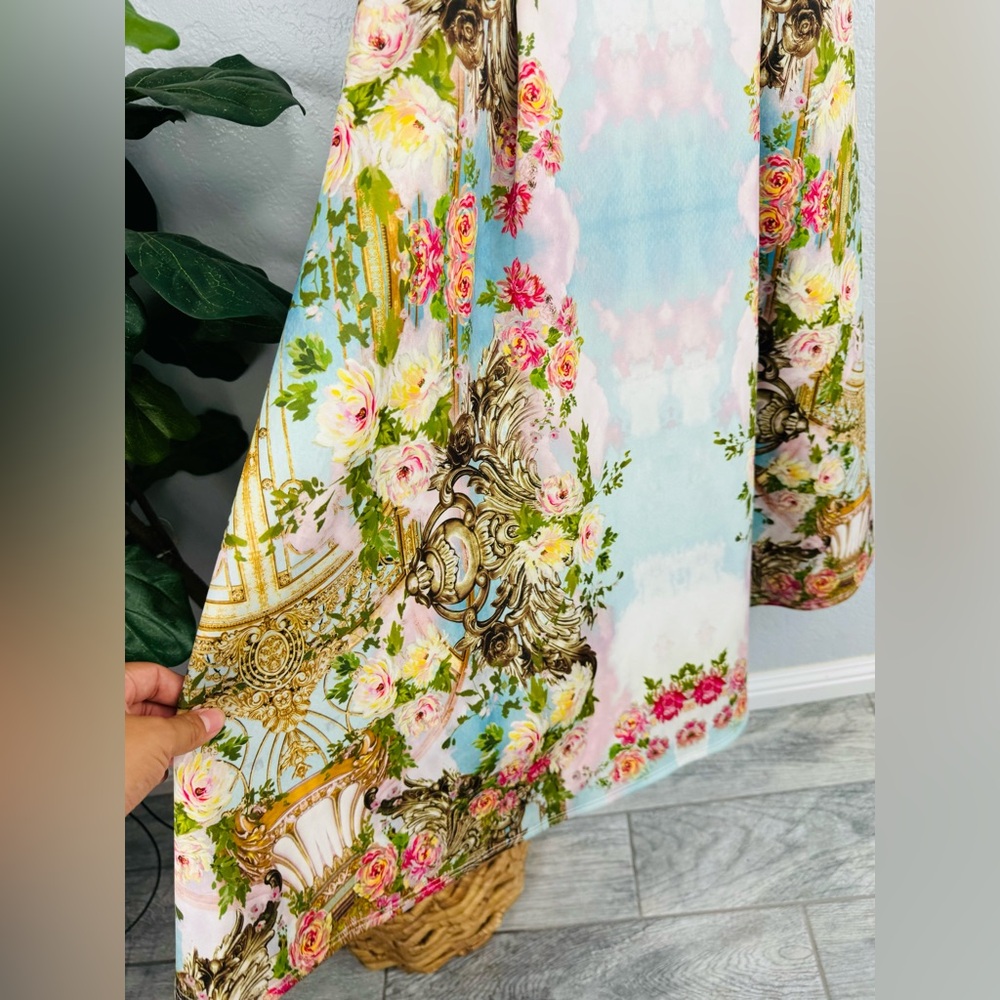 ASOS Gold Pastels Baroque Garden Pleated Off Shoulder Barot Dress - Picture 3 of 8